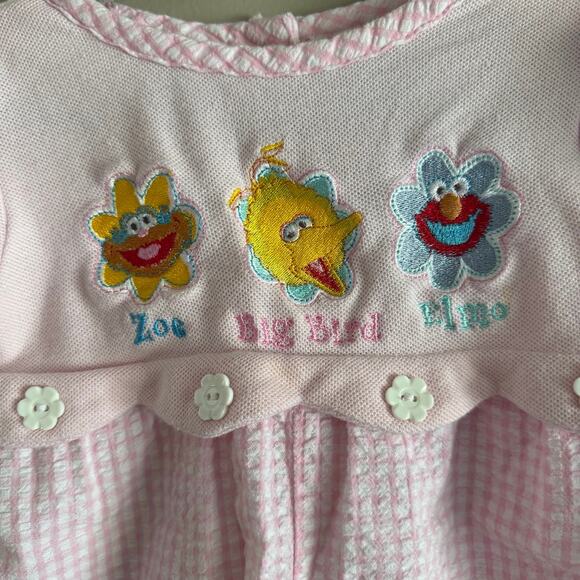 Vintage Sesame Street Pink Gingham Bubble Romper 3-6M Baby Embroidered Elmo Zoe - Picture 3 of 7